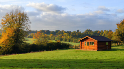 Small wooden log cabin in a grassy field surrounded by trees and nature in a tranquil rural landscape