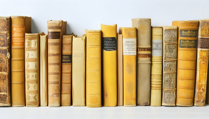 Row of antique books with yellowed spines and ornate detailing, vintage collection of literary texts.
