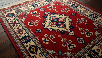 Beautiful ornate red rug with intricate geometric patterns