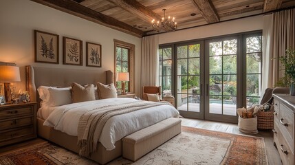 Fototapeta premium Warm and inviting bedroom with cozy furniture and soft lighting