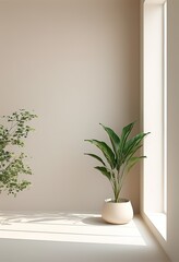 Fototapeta premium A minimalist room corner features potted plants bathed in sunlight, casting shadows on a beige wall and light floor. The scene is serene and airy