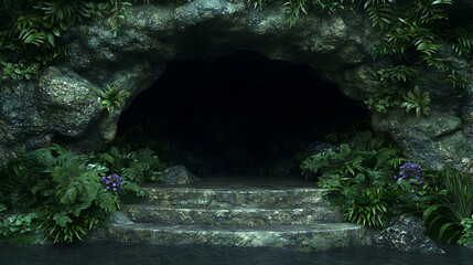 Mysterious jungle cave entrance, stone steps, lush foliage, dark interior, fantasy setting