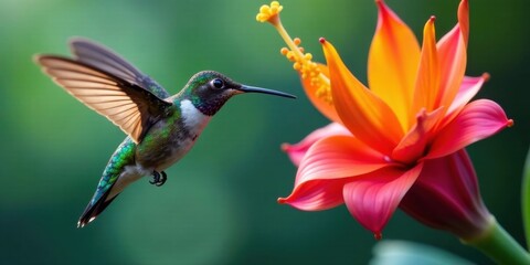 Fototapeta premium A vibrant hummingbird hovers near a striking, radiant bloom, its iridescent feathers shimmering in the sunlight, a captivating display of natural beauty and delicate balance.