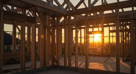 Sunset illuminating a wood beams frame of a house under construction, showcasing beams and structure