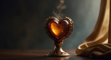 A heart-shaped candle releases delicate smoke, evoking romance and mystery, with a golden elixir chalice nearby. 