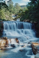 Obraz premium Majestic waterfall in a dense forest, surrounded by lush greenery.