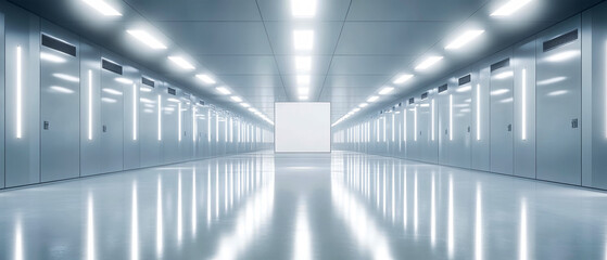 High-tech data center showcasing modern server technology and sleek design with illuminated pathways
