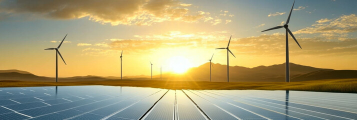 Obraz premium solar panels with wind turbines and sunset. concept clean energy in nature