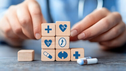 Male doctor lining up medical wooden blocks
