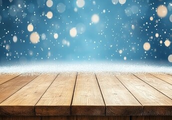 Snowy wooden table, winter bokeh, product display