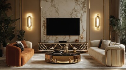 A luxurious modern living room with plush seating, gold and marble decor elements