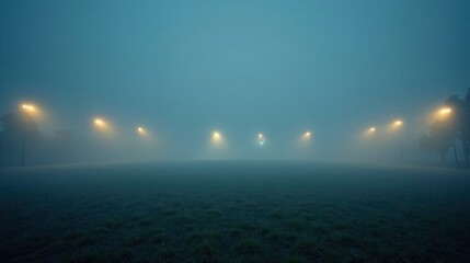 Mysterious, foggy field at dusk, illuminated by distant lights on a hazy night
