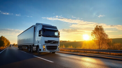 Truck transport on the road at sunset and cargo