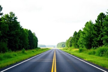 Obraz premium Asphalt Road Cutting Through Lush Green Foliage Under a Bright Sky, Offering a Sense of Tranquility and the Open Road Ahead