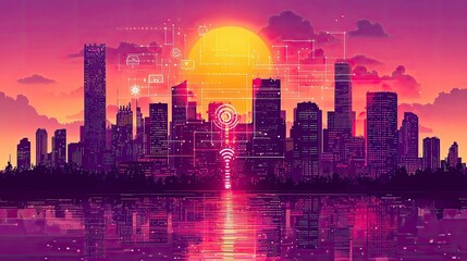 Futuristic Cityscape at Sunset: Smart City Technology and Urban Architecture