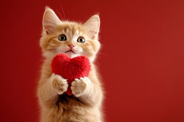 Ad campaign conceptual art. Cute kurilian bobtail baby feline with fluffy red heart - emblem of love, funny greeting card. Kurilian bobtail - my preferred cat. Fluffy animal valentine's day.