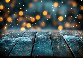 Snowy wooden table, winter night bokeh, festive background, product display