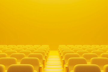 Fototapeta premium Yellow cinema auditorium with yellow seats on orange background. 3d render. Generative AI