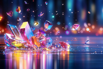 Obraz premium Shattered crystals reflecting light, creating a burst of vibrant colors on a reflective surface in a dynamic, chaotic display of beauty and energy