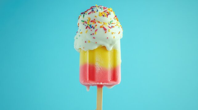 A scrumptious, colorful popcycle with vanilla ice cream, white frosting, and sprinkles on a stick, perfect for a party or an indulgent treat.
