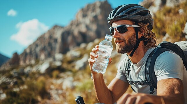 Male Cyclist Enjoying Refreshing Water in Stunning Outdoors Setting