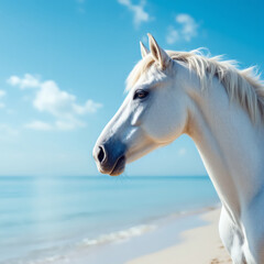 Obraz premium Stunning side view of a white horse standing on a sandy beach against a clear blue sky, perfect for copyspace and creative projects.