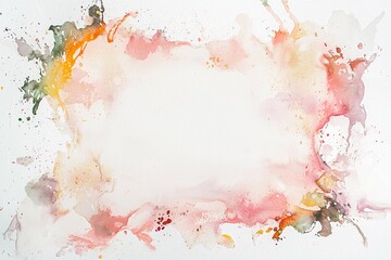 Obraz premium A watercolor splash frame encircles an elegant invitation card, featuring delicate brush strokes in vibrant colors, ideal for artistic stationery or creative projects.