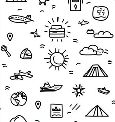 This seamless pattern showcases a variety of travel-themed doodles, including airplanes, ships, suns, and maps. Featuring simple lines and shapes, it evokes a sense of adventure and exploration