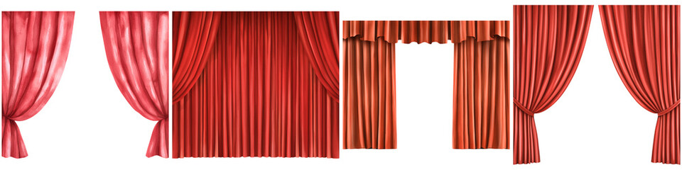 Concerts performance and visuals watercolor, A series of red curtains in different styles, showcasing various draping techniques suitable for theatrical or decorative use.