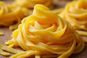 Close up view of fresh tagliatelle nests on wood