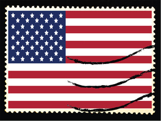 USA flag on postage stamp isolated on black back. Vector illustration. 