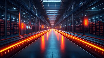 Glowing Automated Sorting System in High Tech Warehouse with Vibrant Conveyor Belts and Digital Displays