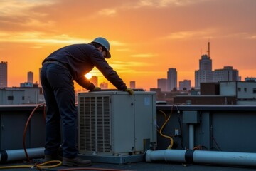 Technician repairs air conditioning unit on rooftop during sunset