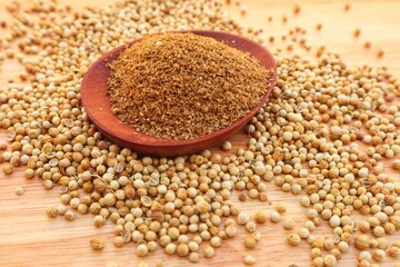Powdered coriander (Coriandrum sativum) in a wooden bowl and some coriander seeds scattered around it, close up view.