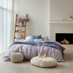 Bed with purple bedding and wooden ladder shelf fireplace Scandinavian interior design of bedroom.