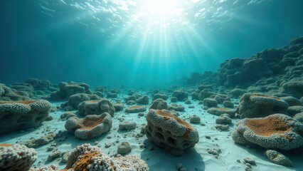 Underwater view of a dead coral reef affected by bleaching and environmental damage	