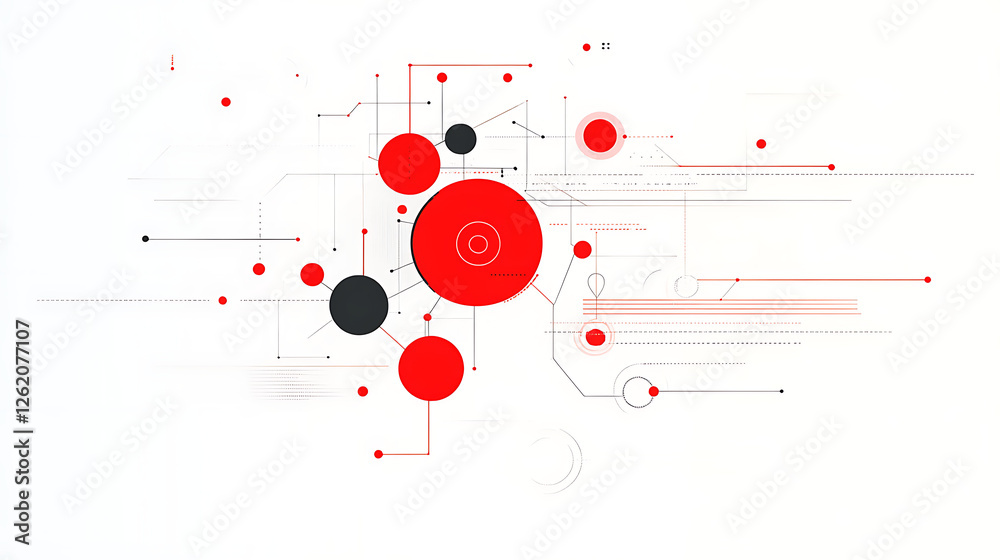 Poster abstract technical network of red and black circles on a white surface connecting dots and lines