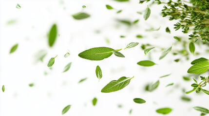Fresh herbs falling from above, including thyme, rosemary, and mint, create vibrant and lively scene. green leaves add touch of nature and freshness to any setting