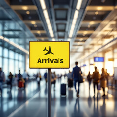 A vibrant yellow arrivals sign at a bustling airport, with travelers in the background. Perfect for travel, tourism, and journey-themed projects.