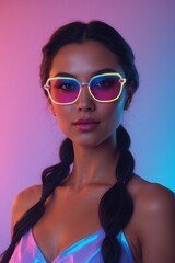 Fototapeta premium Stylish young woman with neon sunglasses striking a confident pose in a vibrant, illuminated setting during a playful evening