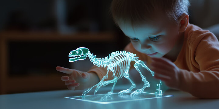 baby is fascinated by holographic dinosaur on table, exploring with curiosity - Powered by Adobe