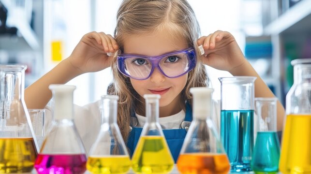 Curious young scientist wearing safety glasses conducts experiments in laboratory