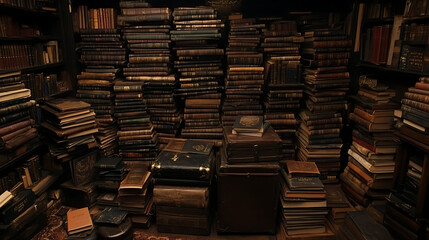 Ancient Library Books Stacked High Volumes of Knowledge Antiquarian Bookshop Archive in Disarray