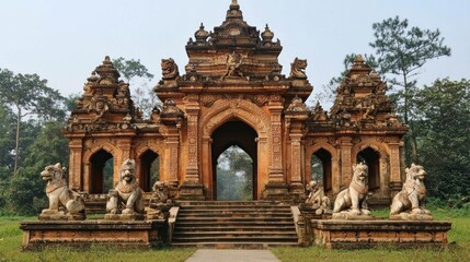 Ancient temple gateway, jungle background, Southeast Asia
