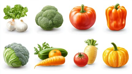 Fresh Vegetables Collection Broccoli, Garlic, Peppers, Tomatoes, and More