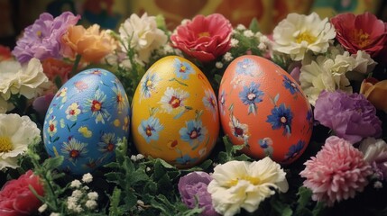 Colorful Easter eggs in a flower arrangement, showcasing various styles and patterns.