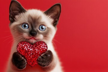 Promotion artwork. Cute tonkinese baby feline with sparkling rhinestones red heart - emblem of love, funny greeting card. Tonkinese - my desired cat. Valentine's fluffy animal photo. Cute pet.