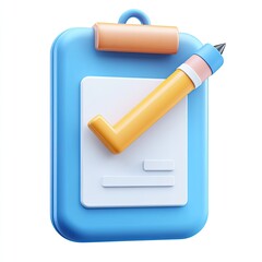 3D Clipboard with Checkmark and Pencil, Isolated on White