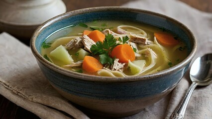 Homemade Chicken Noodle Soup with Tender Chicken and Fresh Vegetables – Warm and Nourishing Comfort Food Photography