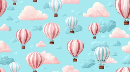 Colorful Hot Air Balloon Pattern with Soft Clouds on a Blue Background